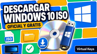 Descargar Windows 10 ISO oficial: collage con disco ISO, pendrive USB y logos de apps