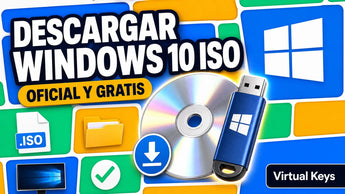 Descargar Windows 10 ISO oficial: collage con disco ISO, pendrive USB y logos de apps