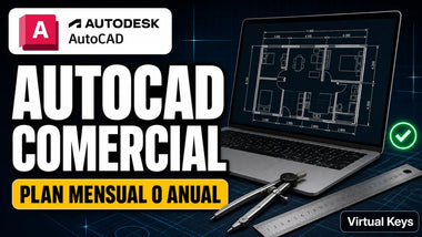 Licencia AutoCAD comercial en Chile: plan mensual o anual, con laptop mostrando un plano 2D de planta