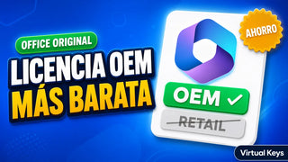 Licencia OEM de Office con etiqueta de precio destacando su menor costo frente a la versión Retail
