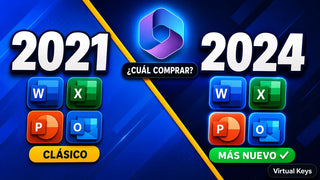 Office 2021 vs 2024: collage de iconos de Word, Excel y PowerPoint comparando ambas versiones