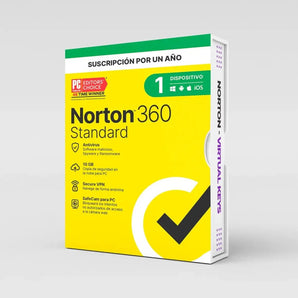 Norton 360 Standard box package with features like antivirus, VPN, for one device.