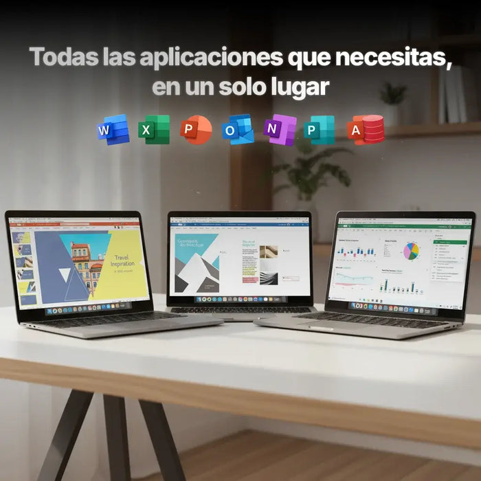 Vista de tres laptops mostrando Microsoft Office 365 con Word, Excel, PowerPoint y más aplicaciones para productividad.