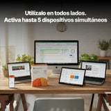 Microsoft Office 365 en varios dispositivos, incluyendo PC y tabletas, mostrando aplicaciones como Excel y Word.