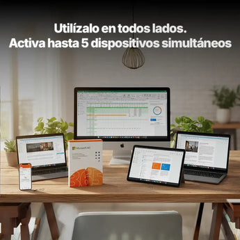Microsoft Office 365 en varios dispositivos, incluyendo PC y tabletas, mostrando aplicaciones como Excel y Word.