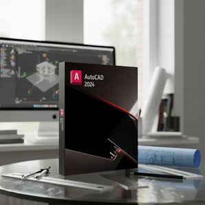 Autodesk AutoCAD 2024 software box on a desk with architectural tools and designs in the background.