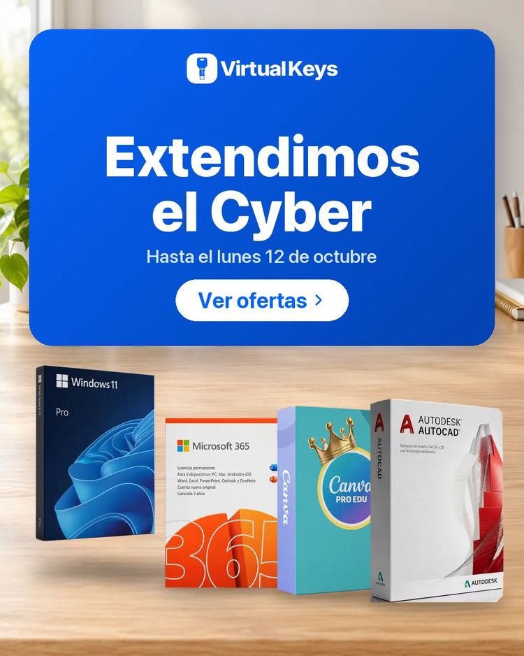 Extendimos el Cyber hasta el lunes 12 de octubre en Virtual Keys: Office 365, Windows 11 Pro, Canva y AutoCAD