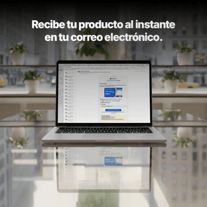 Ordenador portátil mostrando el mensaje de confirmación de compra de Microsoft Office 365, con entrega instantánea por correo electrónico.