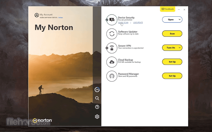 Norton 360 Standard interface highlighting device security, VPN, cloud backup, and password manager features for single device protection.