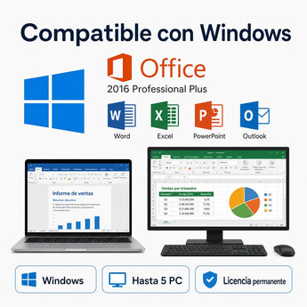 Microsoft Office 2016 compatible con Windows, licencia permanente hasta 5 PC