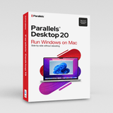 Embalaje de Parallels Desktop 20 que muestra el software para ejecutar Windows en Mac sin necesidad de reiniciar.